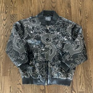 BLUEZ Black / White Embroidered Japanese Style Varsiry Coat